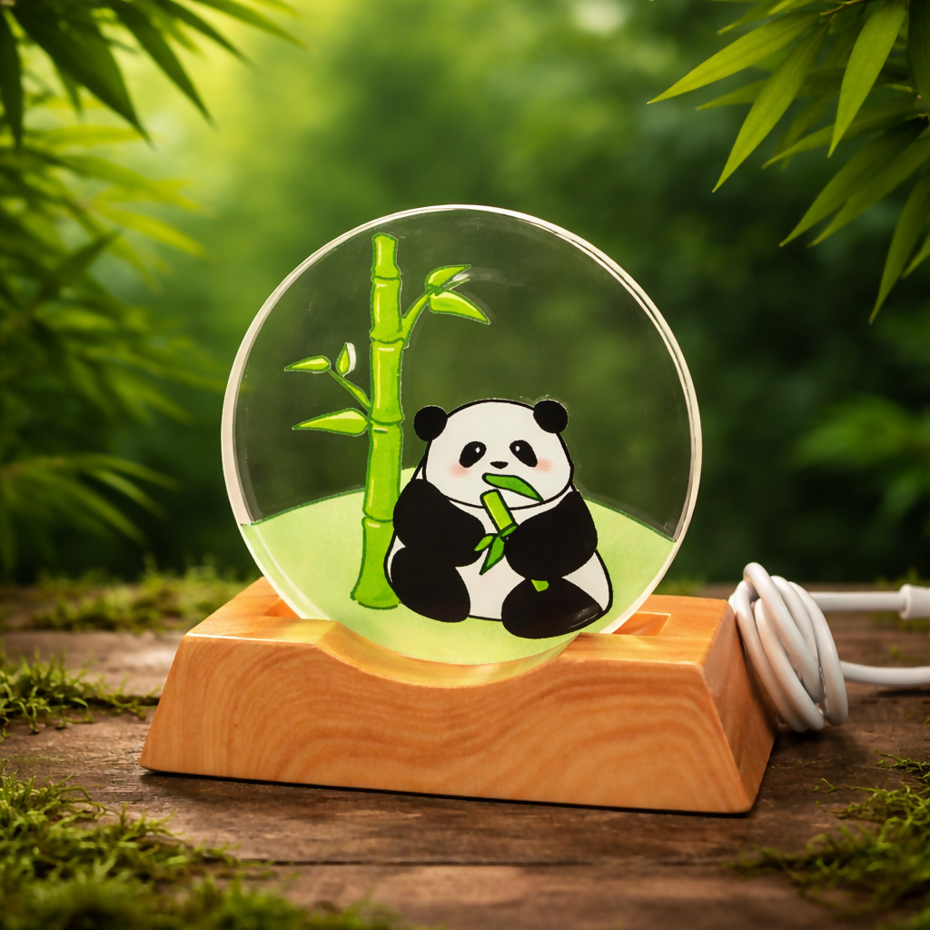 Panda Acrylic LED Night Lamp with Wooden Base USB Powered Decorative Light