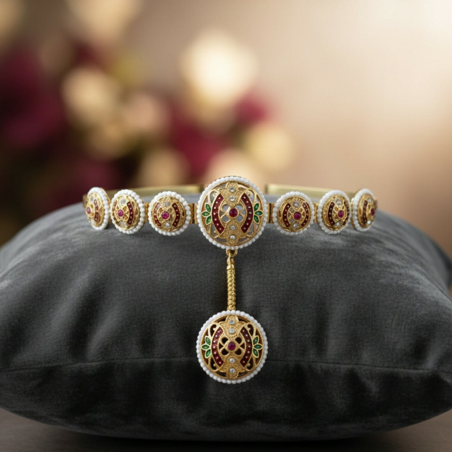 Gold-Plated Antique Sheshphool Matha Patti Hair Band front view
