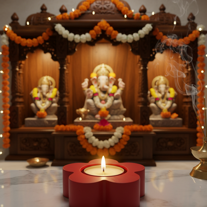 Flower Decorative Diya Multi-Purpose Tealight Candle Holder, Dhoop Cone Stand, Pooja Diya & Mini Planter (Red, Rose Gold, Metallic Pink)