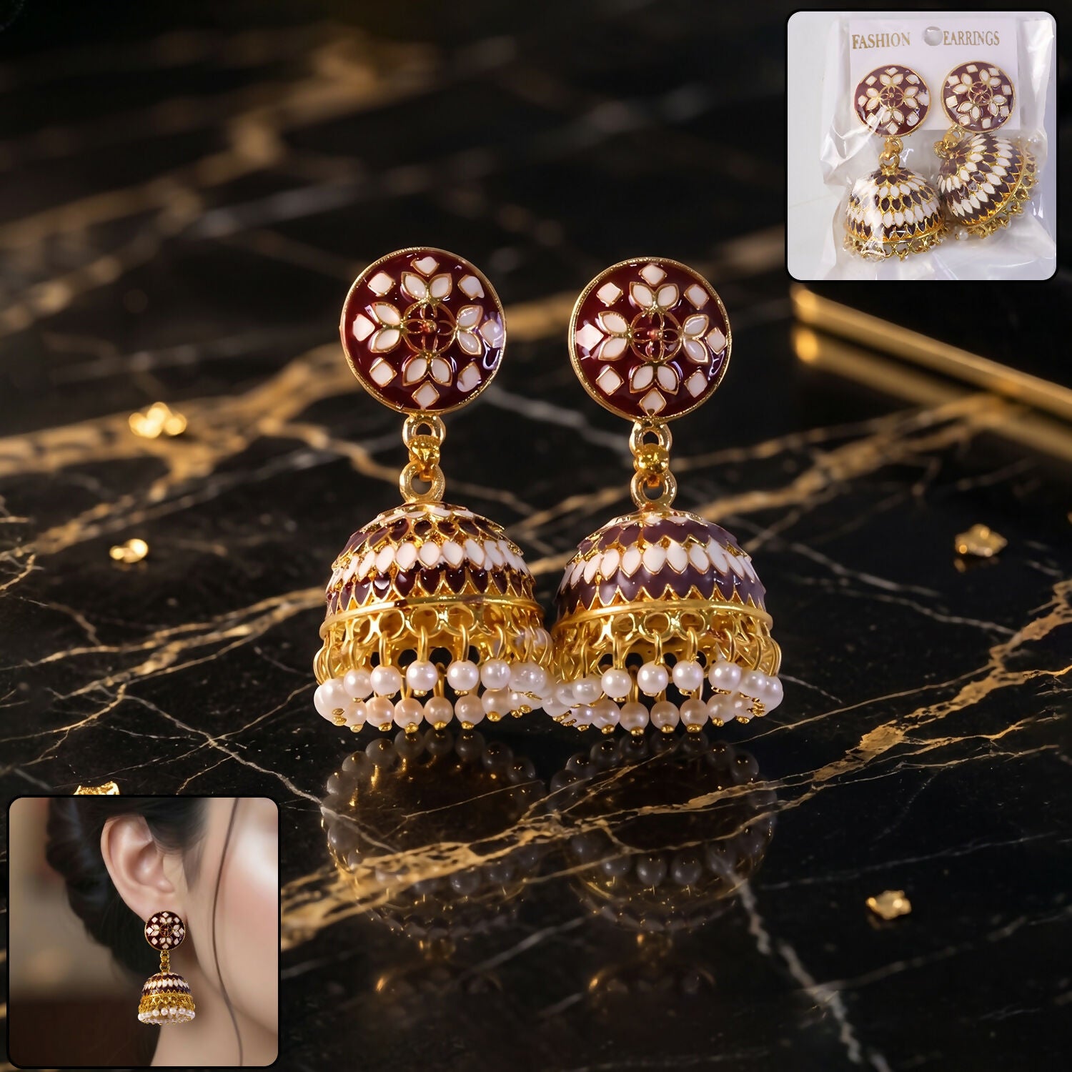 Premium Maroon Round Stud Jhumka Earrings with Pearl Beads