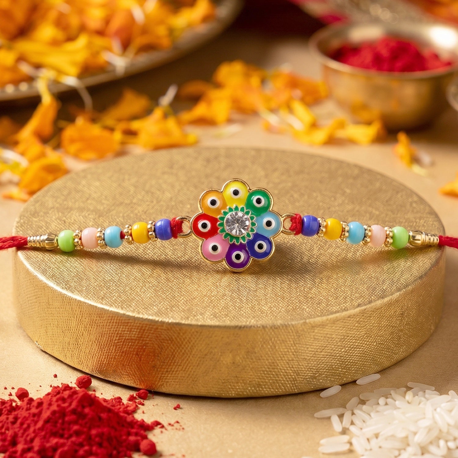 Decorative beads on evil eye flower rakhi