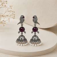 Royal Oxidised Silver Peacock Jhumka Earrings with Pearl Drops for Women