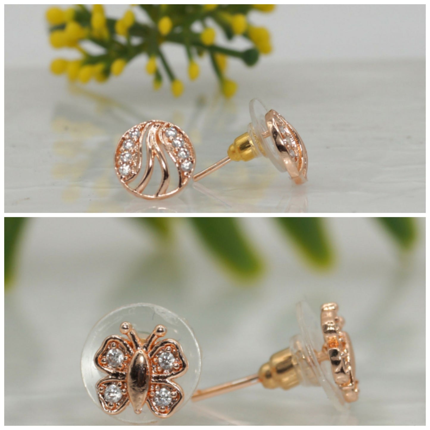 Rose Gold Plated AD Stud Earrings Set (Butterfly & Round) for women and girls Combo Pack of 2