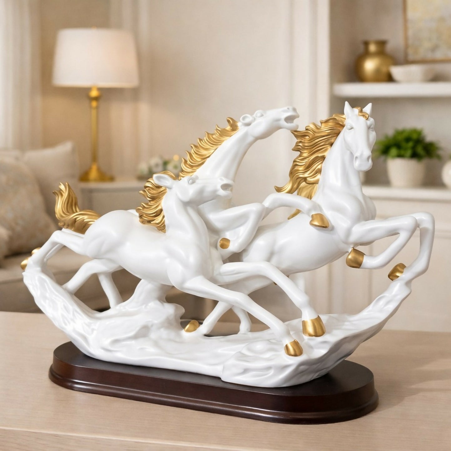 Three Running Horses Showpiece for Home Decor | White & Gold Finish