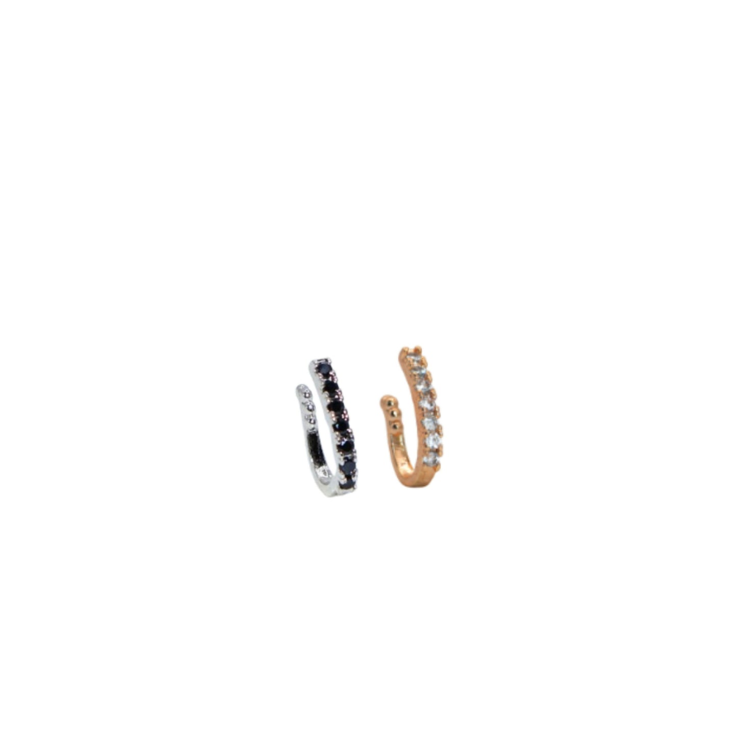 Close-up of adjustable rose gold clip-on fake nose ring featuring black stone pave setting