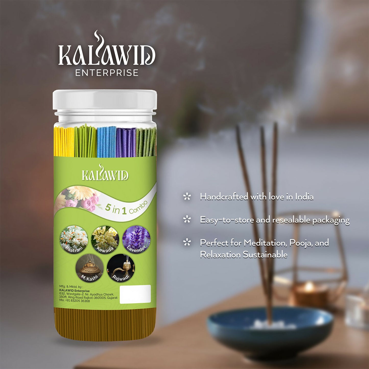 Premium Agarbatti 5 In 1 Combo with Raatrani, Kewada, Lavender, Masalakashi, Rajwadi Fragrances for Long Lasting Aroma (400 Gm)