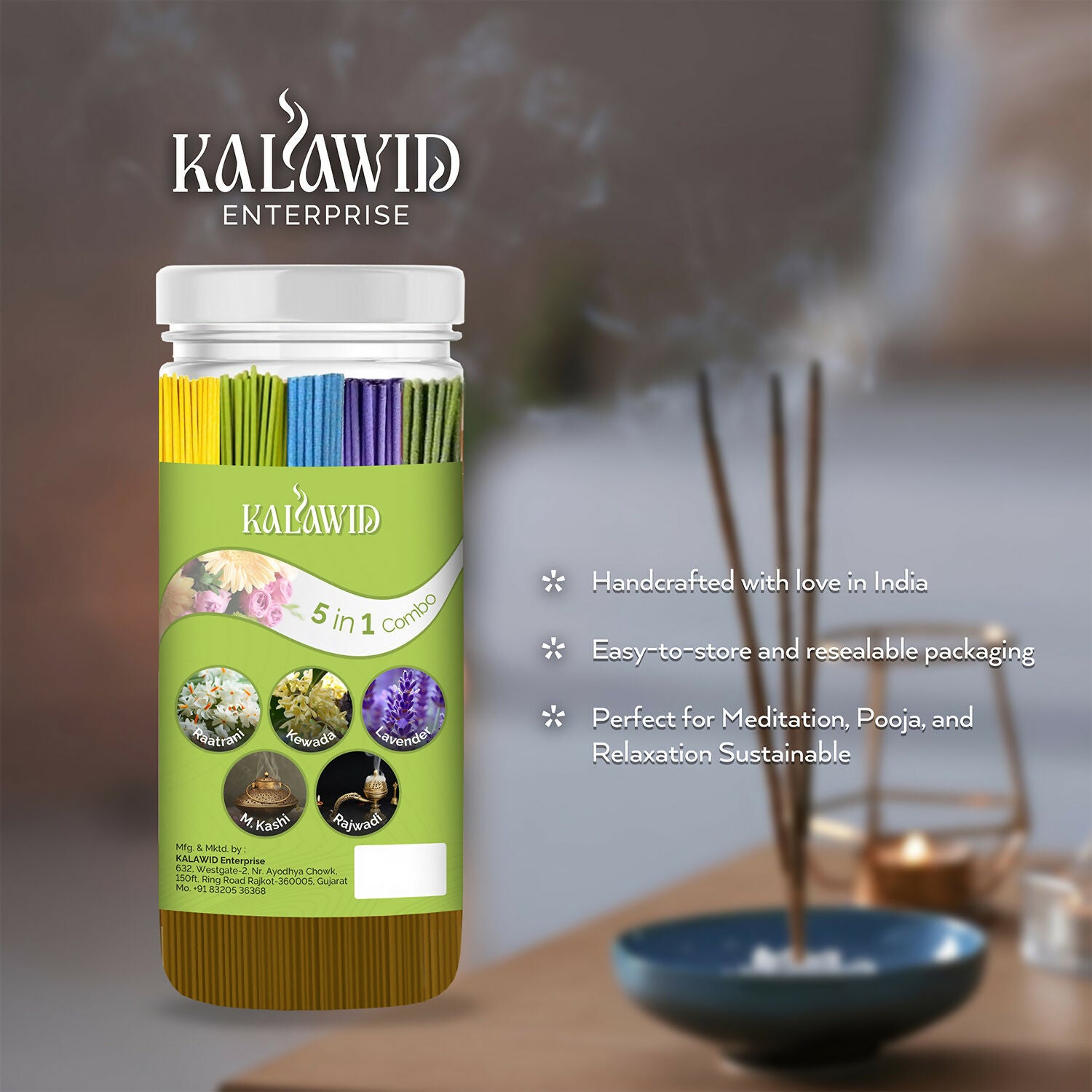 Premium Agarbatti 5 In 1 Combo with Raatrani, Kewada, Lavender, Masalakashi, Rajwadi Fragrances for Long Lasting Aroma (400 Gm)