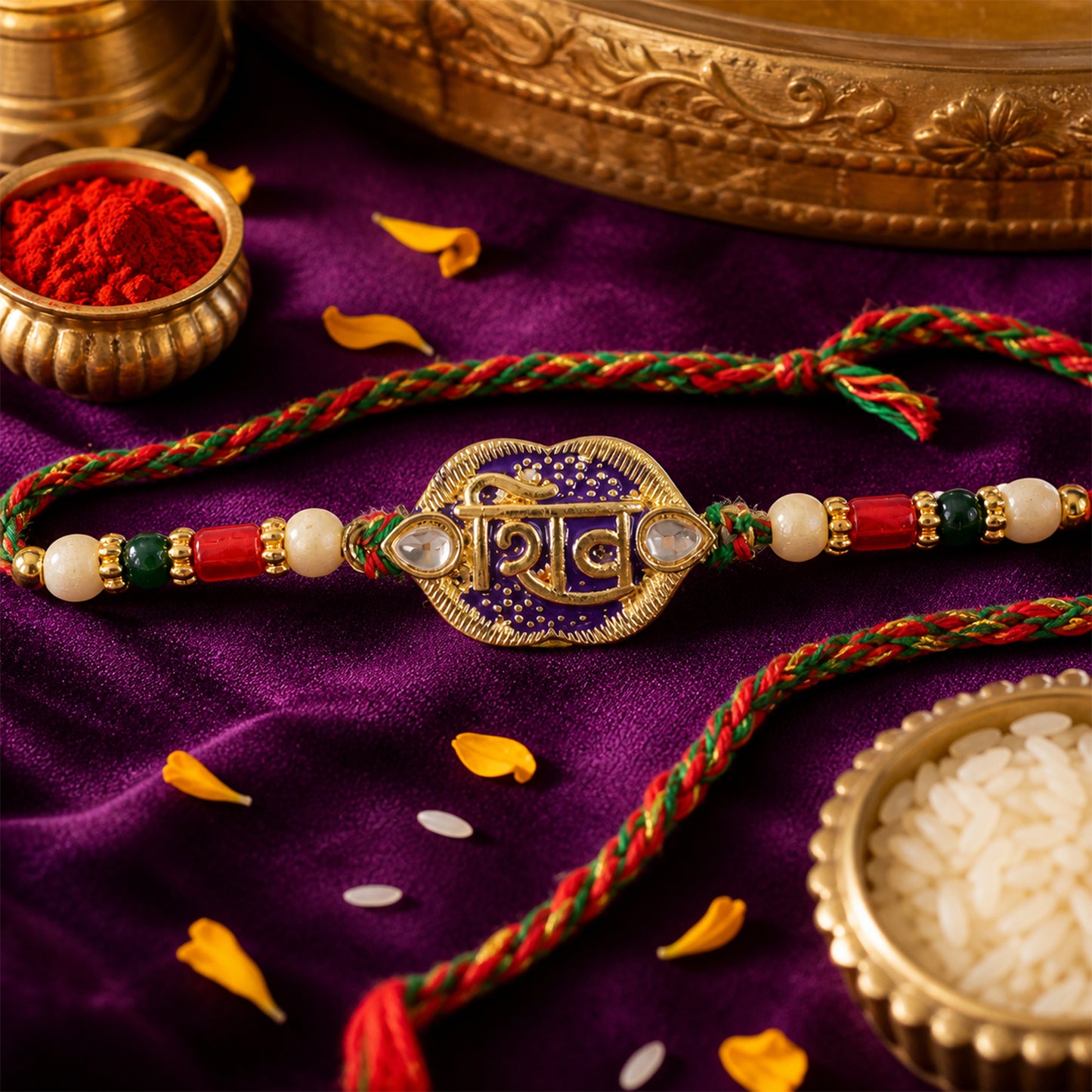 Shiv Text Pendant Rakhi with Purple Enamel and Kundan Stones