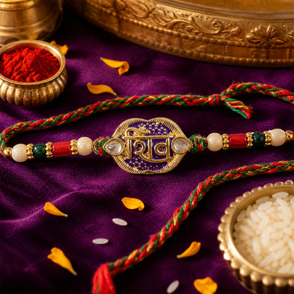 Shiv Text Pendant Rakhi with Purple Enamel and Kundan Stones
