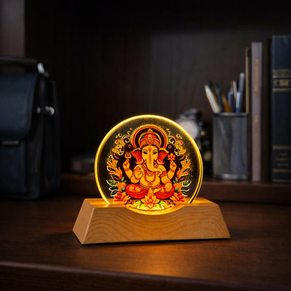 Close-up of acrylic Lord Ganesha artwork with LED light