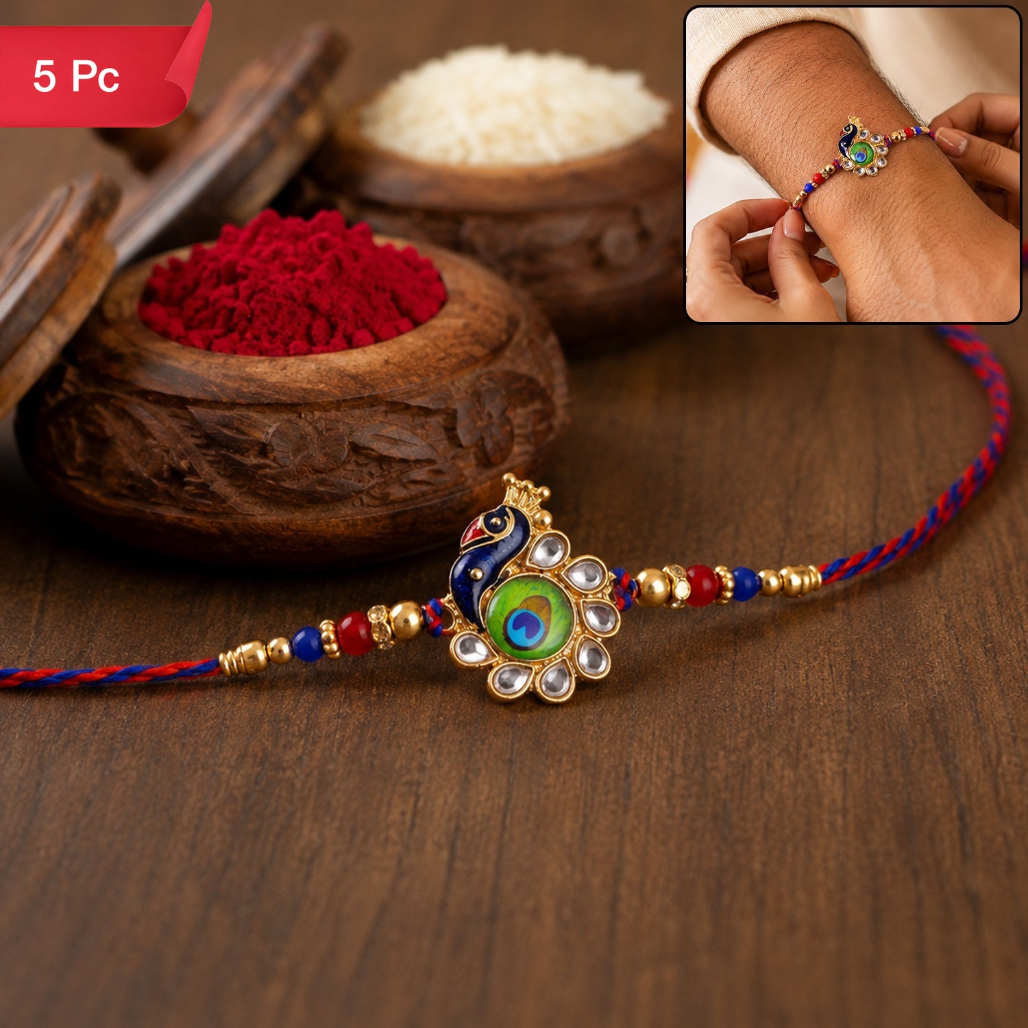 Peacock Feather Rakhi Lightweight Festive Charm (5pcs)