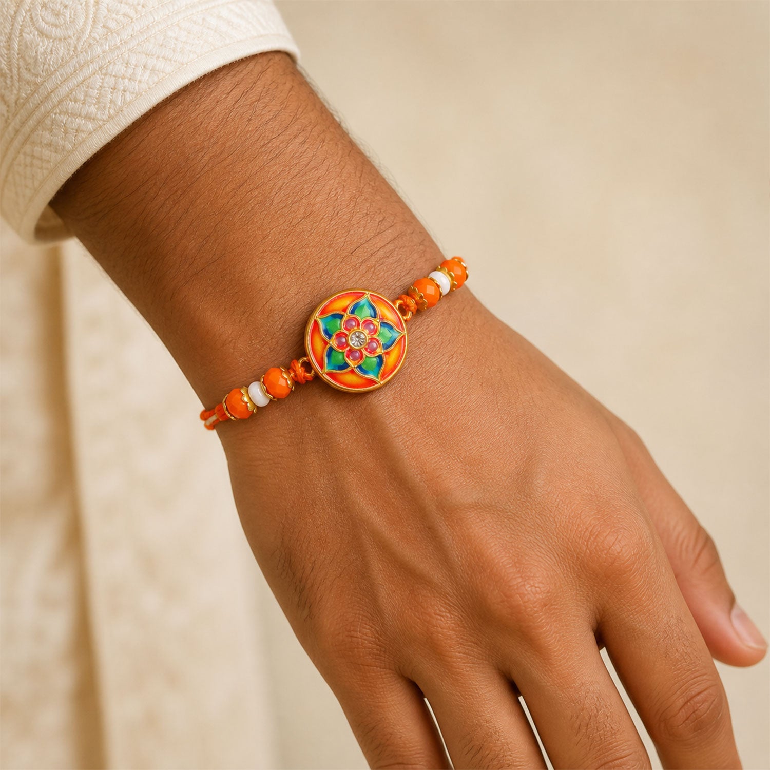 Round Meenakari Floral Mandala Crystal Pearl Beads Bhai Bhabhi Rakhi Lumba Set