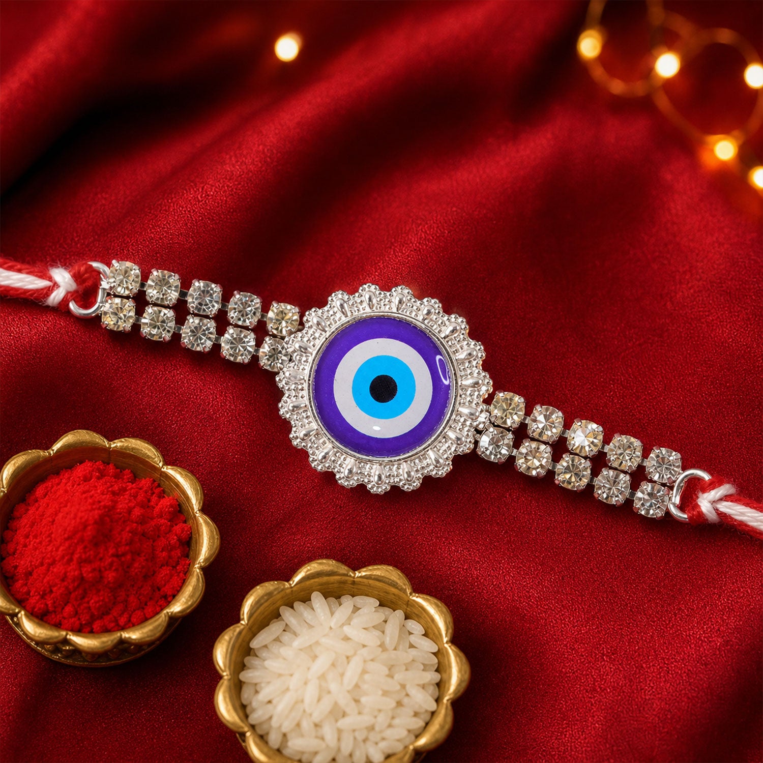 Premium Rakhi showcasing Evil Eye Charm, leaf touch and thread look for Gift Use