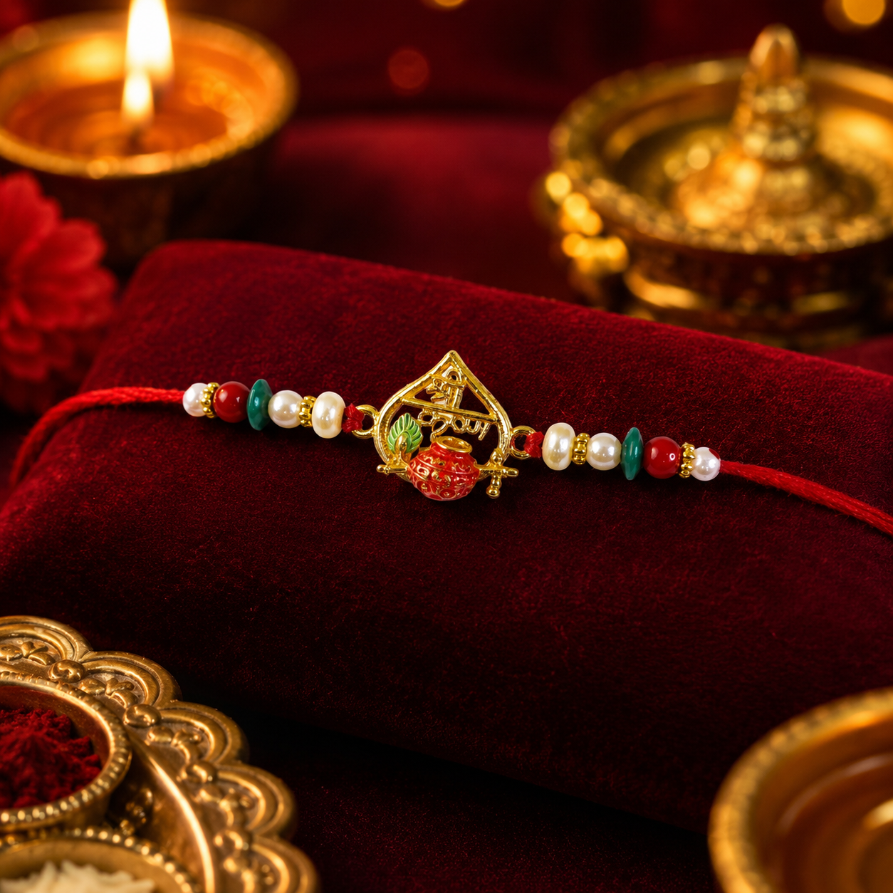 Golden Shri Krishna Dahi-Handi Frame Rakhi with Red Green Beads and Pearl Accents