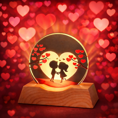 Romantic Couple LED Acrylic Lamp with Wooden Base | USB Powered Night Light