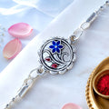Designer Flower Motif Carved Round Silver Chain Designer Rakhi