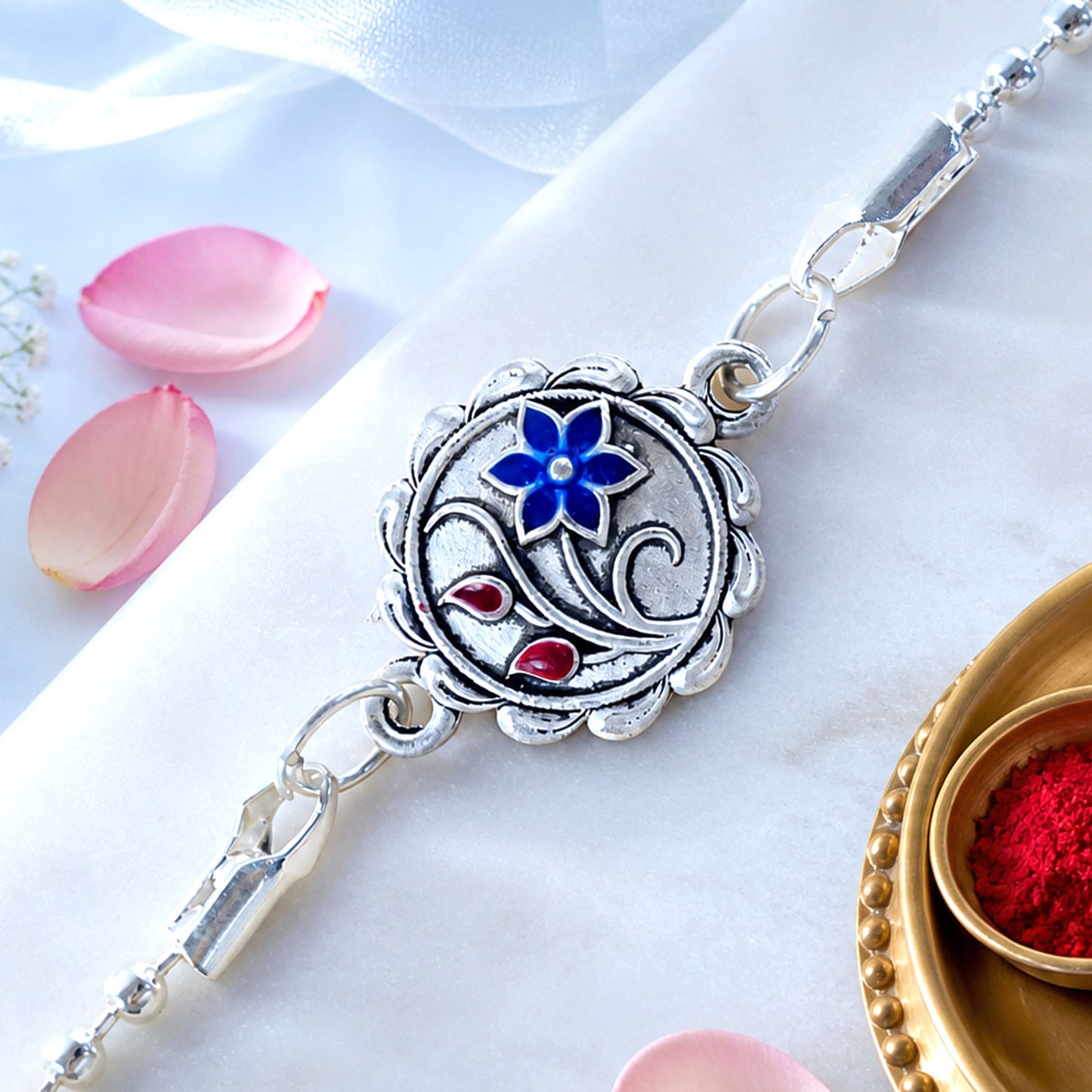 Designer Flower Motif Carved Round Silver Chain Designer Rakhi
