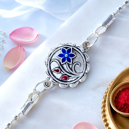 Designer Flower Motif Carved Round Silver Chain Designer Rakhi