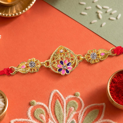 Festive Rakhi featuring Ornate Floral Charm, pearl accents and chain look for Gift