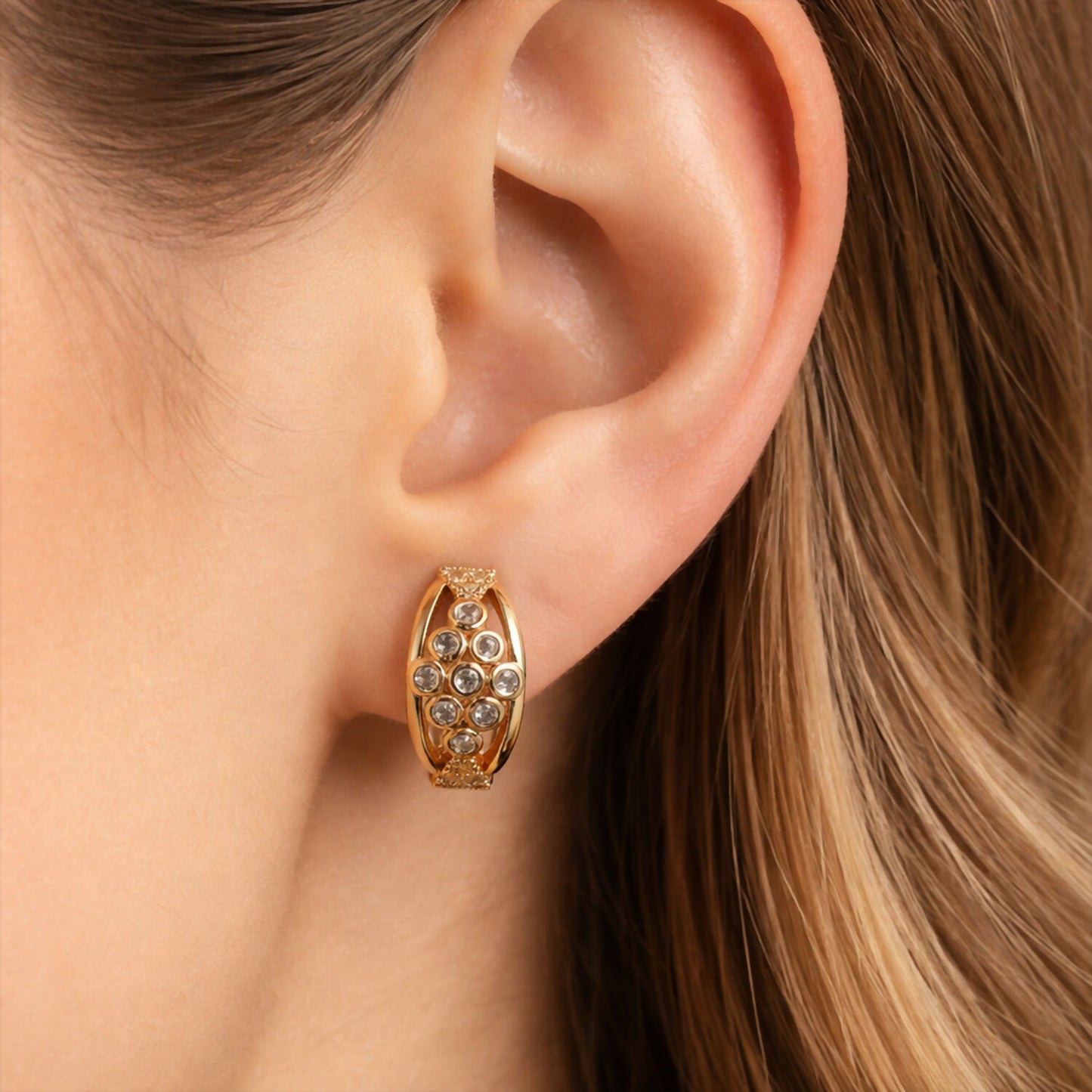 Elegant Crystal Cluster Hoop Earrings with Openwork Gold-Finish Design