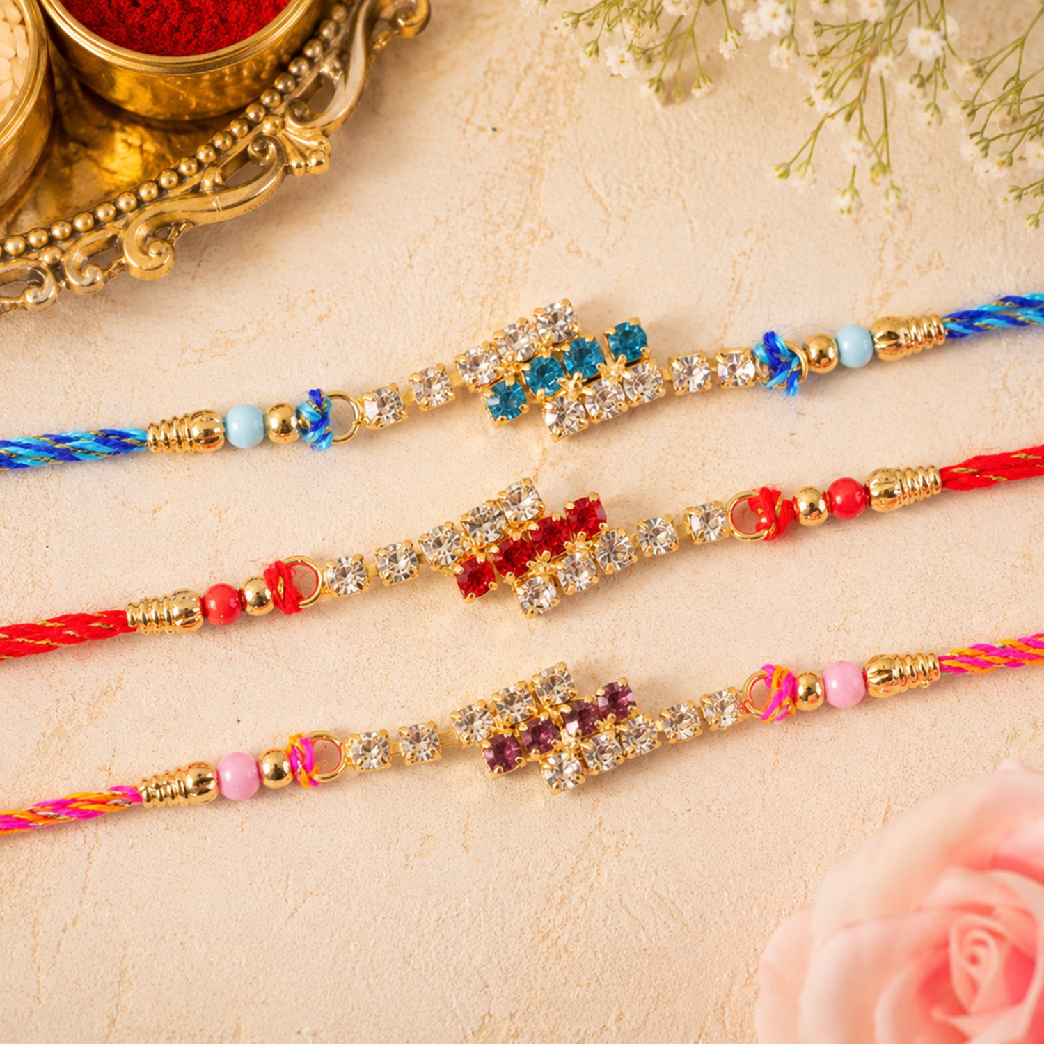 Slim Rectangular Stone Rakhi for Brother Gifting (Pack of 6)