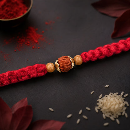 Red Braided Rakhi with a Natural Rudraksha Bead Pendant Accent