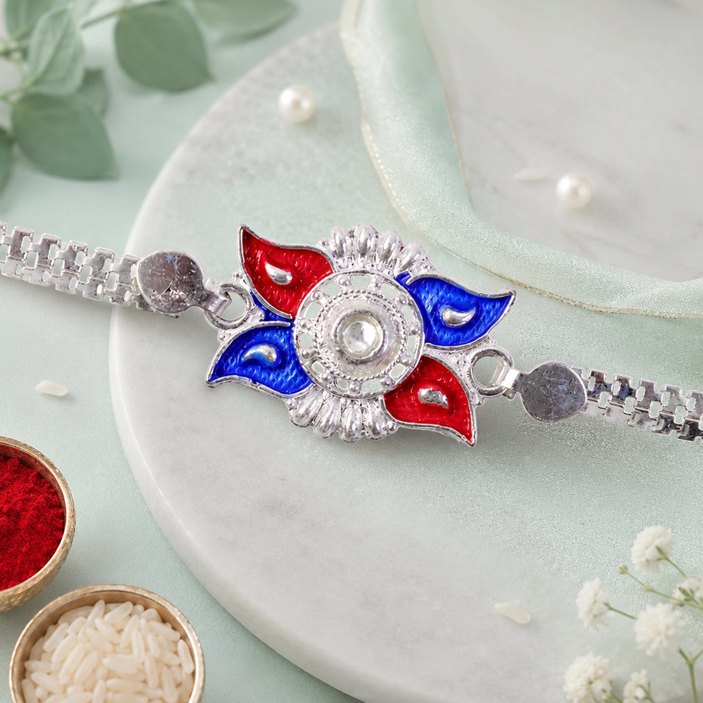 Sun Design Rakhi Red Blue Enamel & Silver-Tone Chain (5pcs)