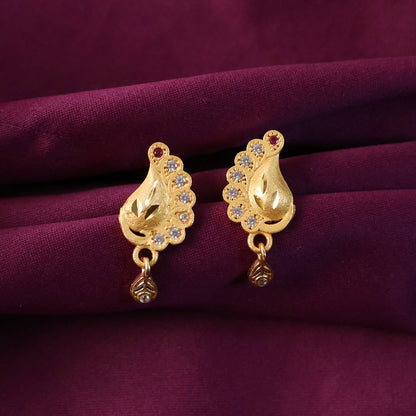 Peacock Inspired Gold Finish Earrings With Textured Motif And Stone Drop Accent
