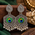 Oxidized Silver Drop Earrings with Peacock Feather Motif and Hanging Bead Charms