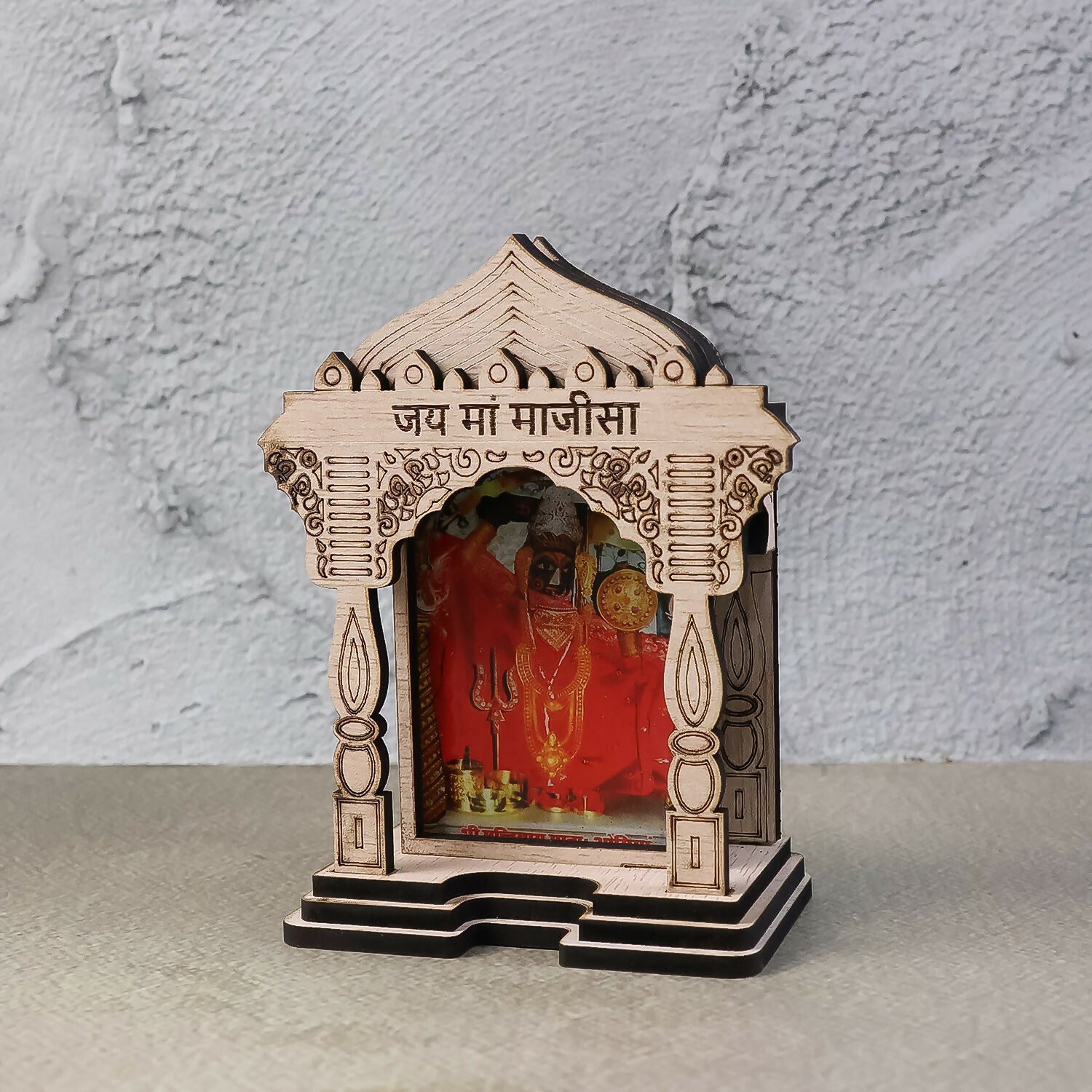 Wooden Maa Majisa Temple Frame Idol for Car Dashboard, Home Mandir & Office Decor