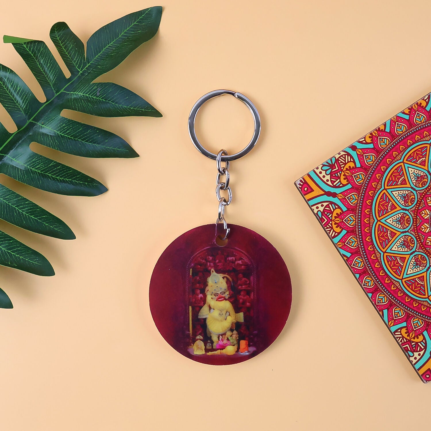 Devotional Hanuman Mandir Printed Round Keychain – Rich Maroon Finish & Durable Metal Ring