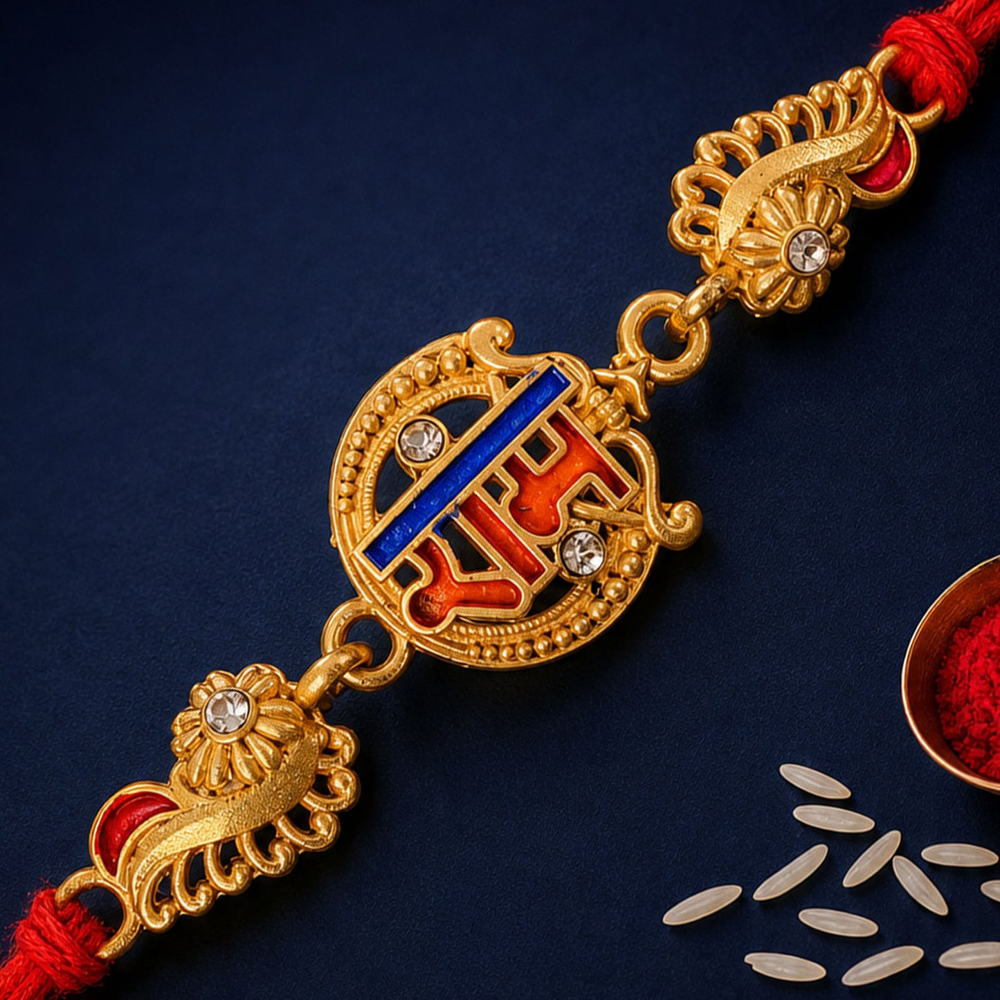 Gold-Toned Ram Rakhi with Orange-Blue Enamel, Crystal Accents & Red Thread