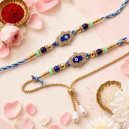 Premium Evil Eye Crystal Studded Beads Bhai Bhabhi Rakhi Lumba Set
