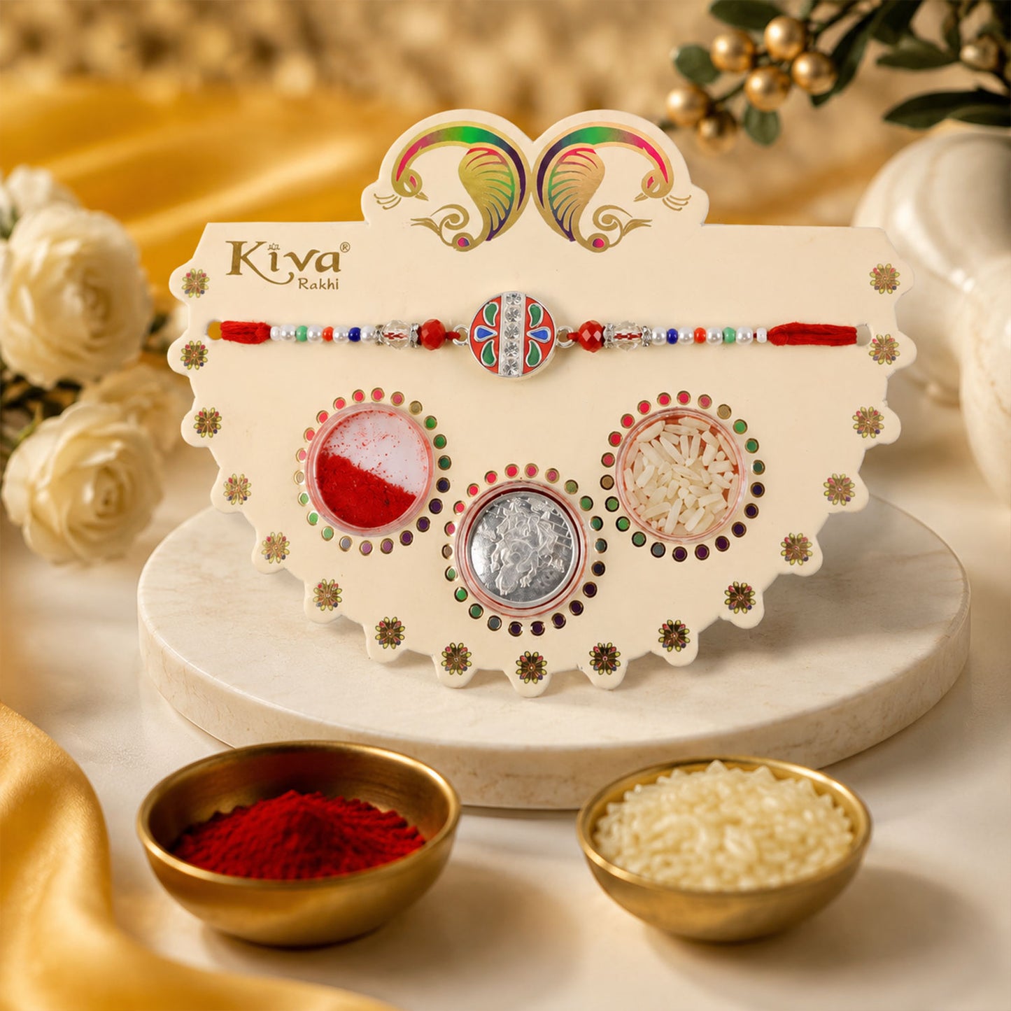 Round Red Green Enamel Rakhi with Multicolor Beads, Roli Chawal Coin and Card Packing