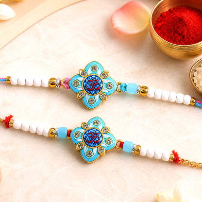 Om Printed Clover Crystal Studded Pearl Beads Bhai Bhabhi Rakhi Set