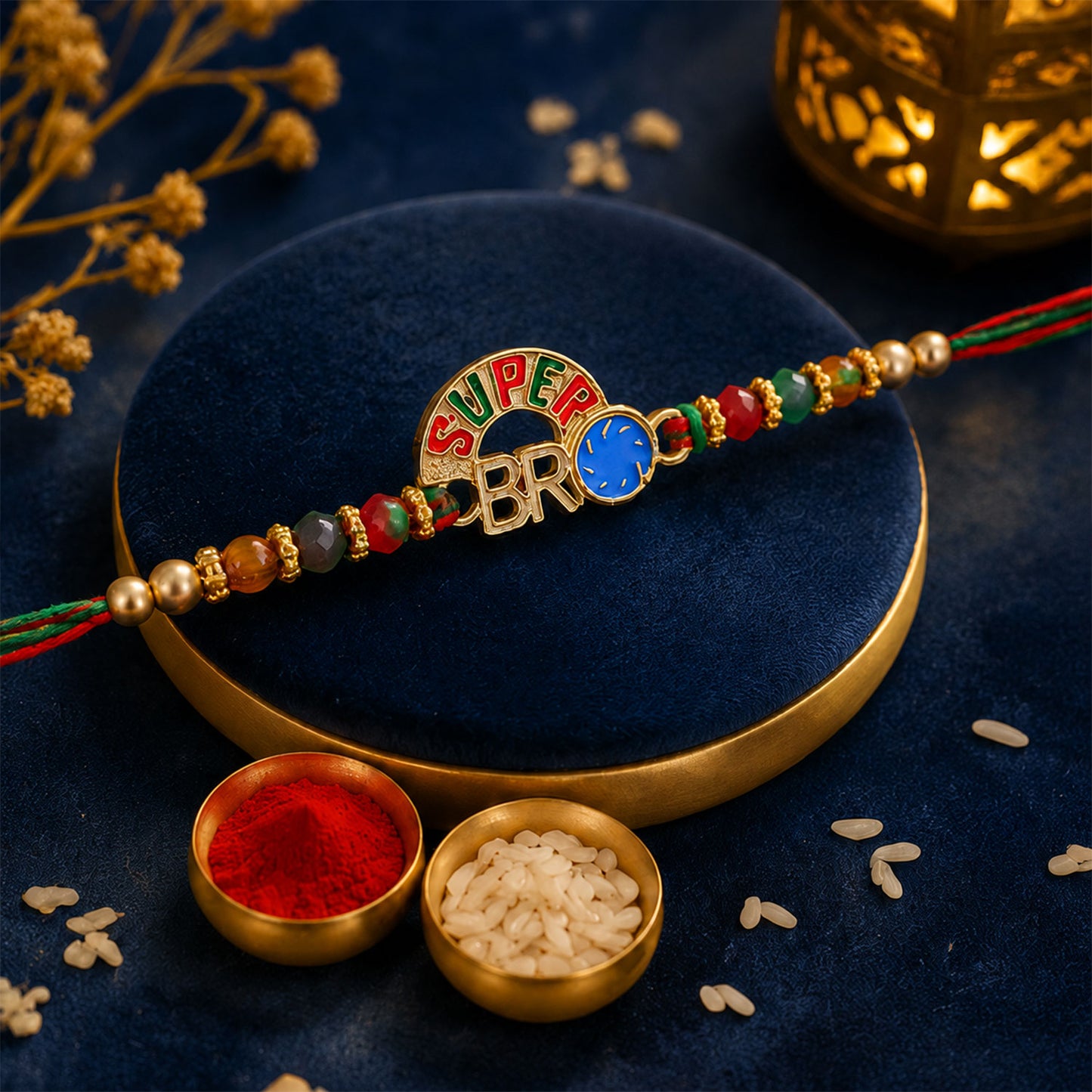 Super Bro Golden Rakhi with Colorful Beads, Blue Charm and Premium Festive Look