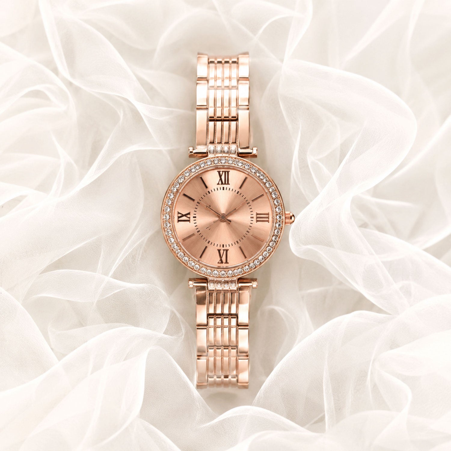 Side view of the women's rose gold watch, highlighting its slim profile and intricate design.