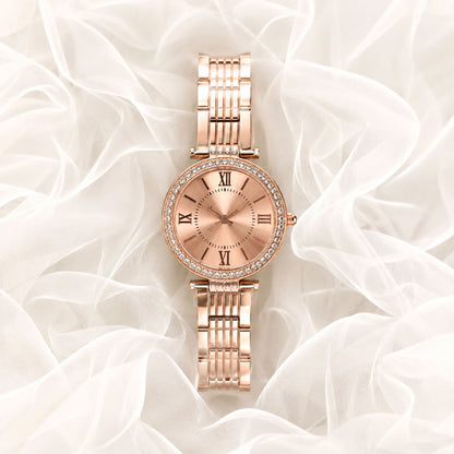 Side view of the women's rose gold watch, highlighting its slim profile and intricate design.