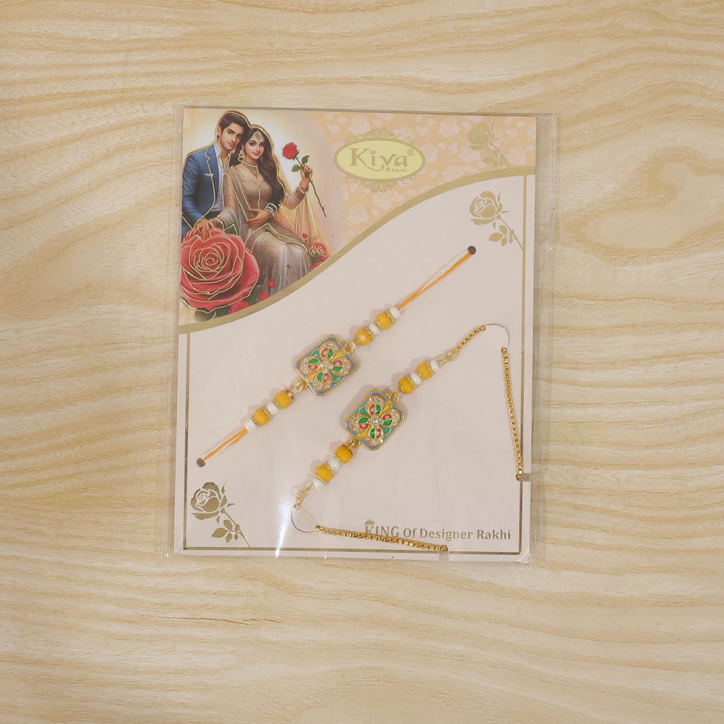 Square Meenakari Floral Studded Crystal Pearl Beads Bhai Bhabhi Rakhi Lumba Set