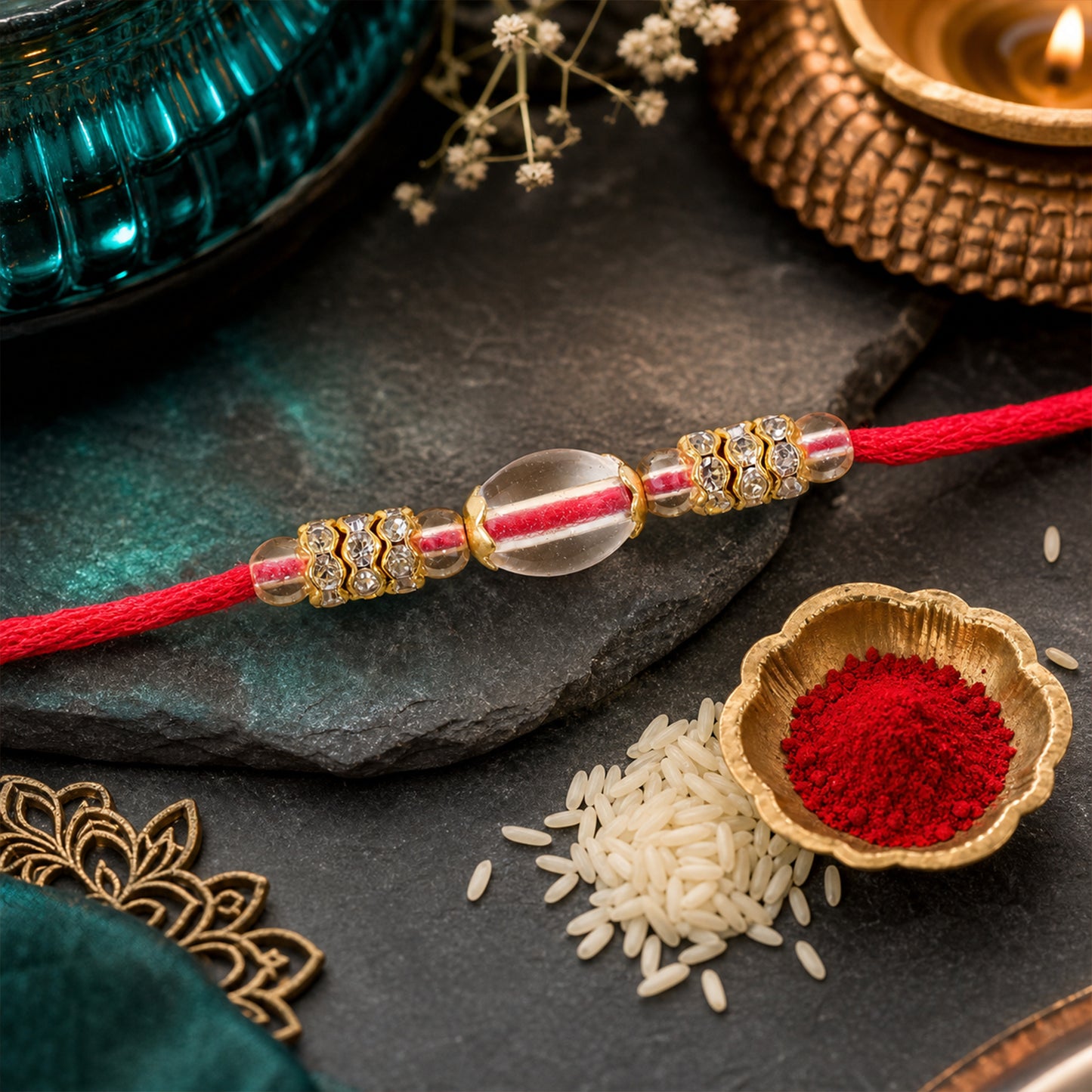 Red Thread Rakhi with Oval Crystal Bead Pendant and Golden Finish