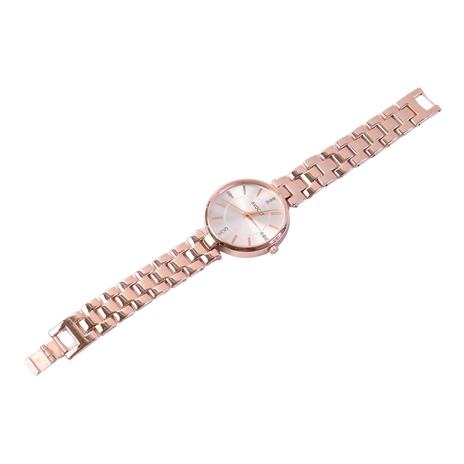 Side view of elegant rose gold analog women's watch
