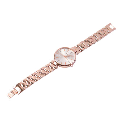 Side view of elegant rose gold analog women's watch