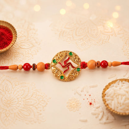 Multicolor Swastik Rakhi with Peach Beads and Navy Backdrop