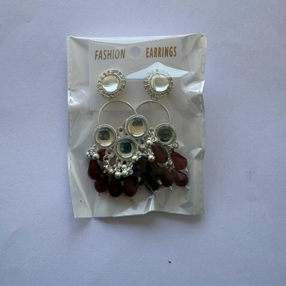 Pair of Kundan Chandbali earrings with maroon teardrop pearl accent