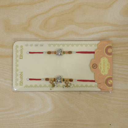 Antique Krishna Couple Rakhi Set with Wooden Beads and Pearl Lumba for Bhaiya Bhabhi