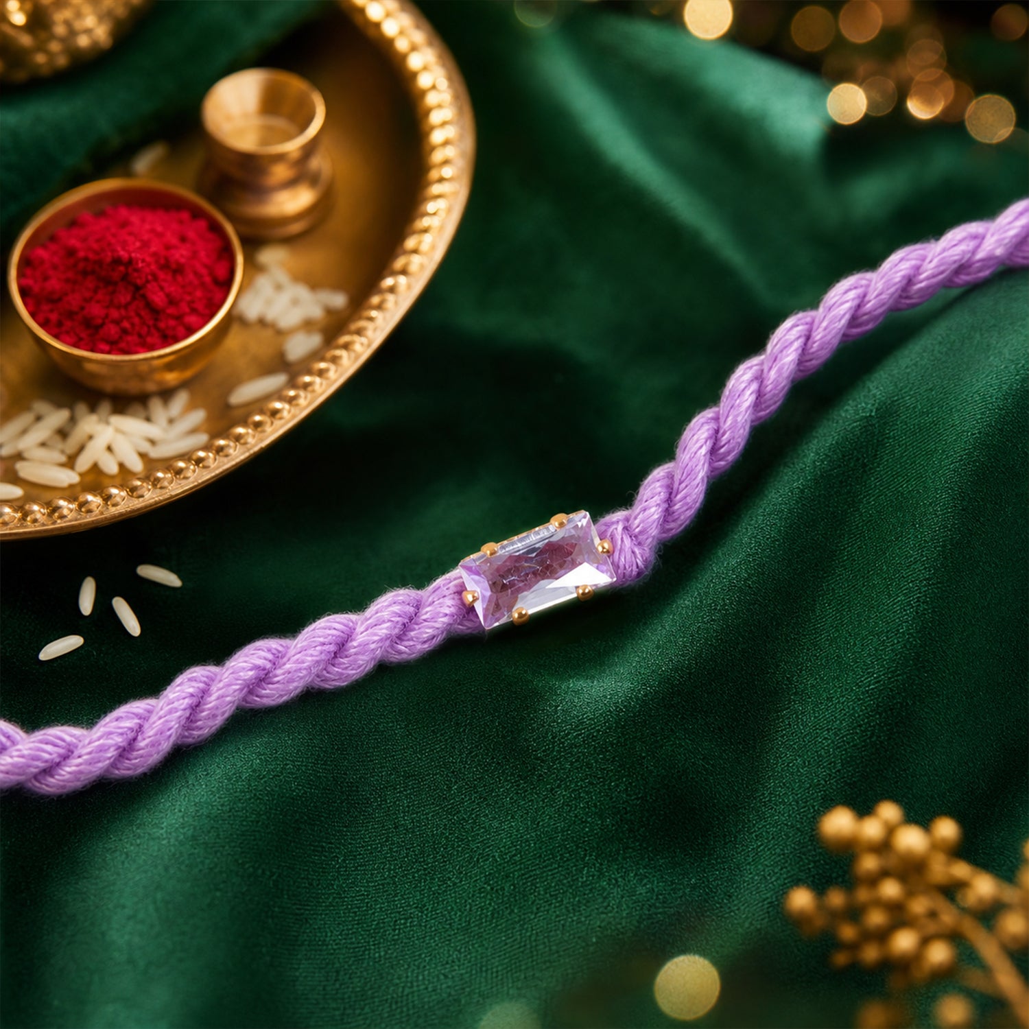 Purple Twisted Cord Rakhi with Rectangular Crystal Stone Pendant
