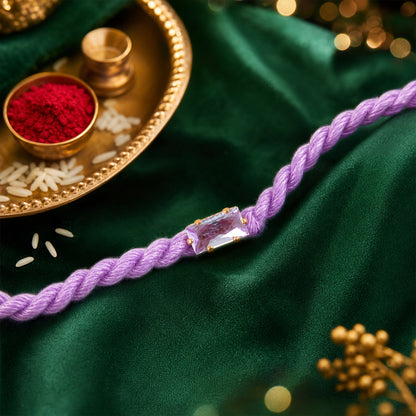 Purple Twisted Cord Rakhi with Rectangular Crystal Stone Pendant