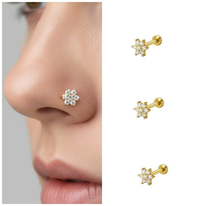 Gold plated flower flat back nosepin stud with seven crystal floral design
