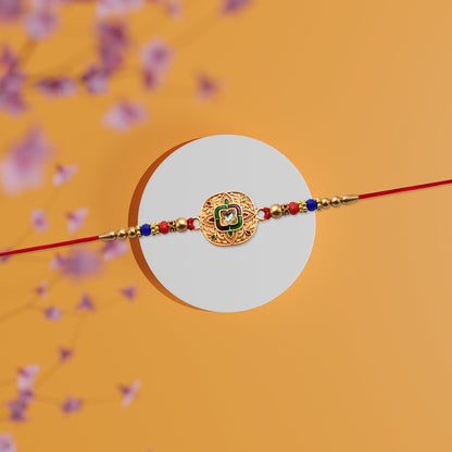 Kundan Rakhi Traditional Antique Gold Finish with Multicolor Beads (10pcs)