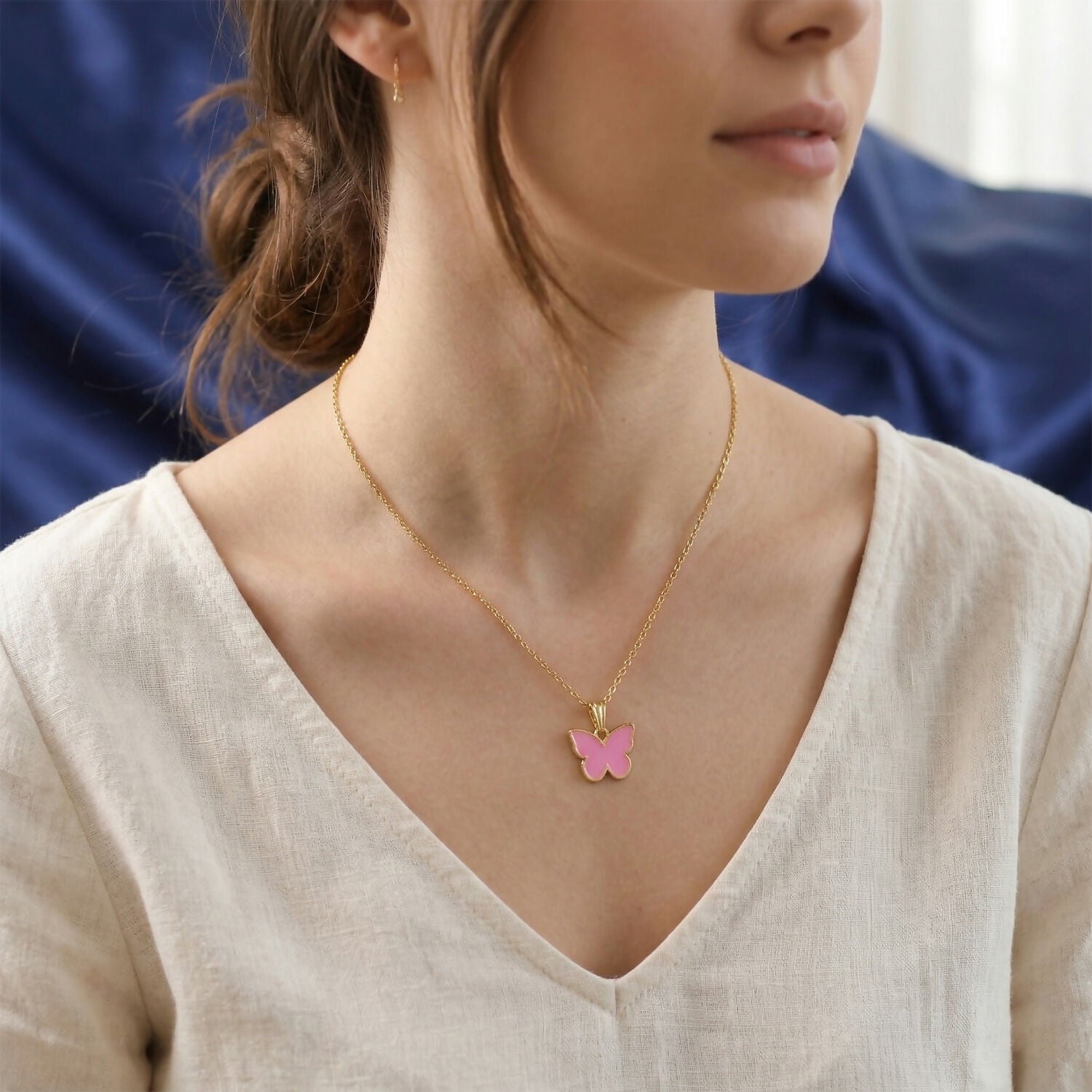 Elegant Butterfly Gold Pendant Necklace with Soft Color Enamel